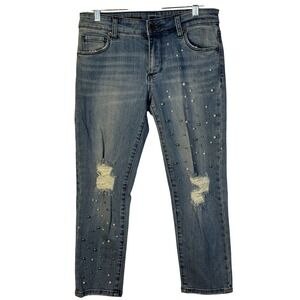 KUT from the Kloth‎ Jeans Light Wash Denim Ankle Straight Ripped Pearls Studs 4P